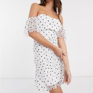 ASOS: NWOT Parisian Off-Shoulder Polka Dot Dress